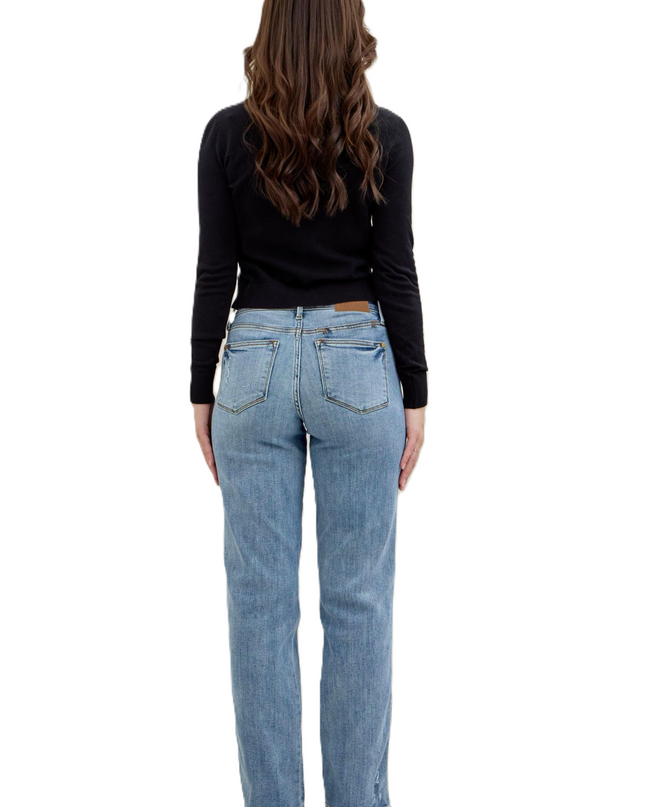 Judy Blue Frayed Hem Cell Phone Pocket Straight Leg Dad Jeans 82540