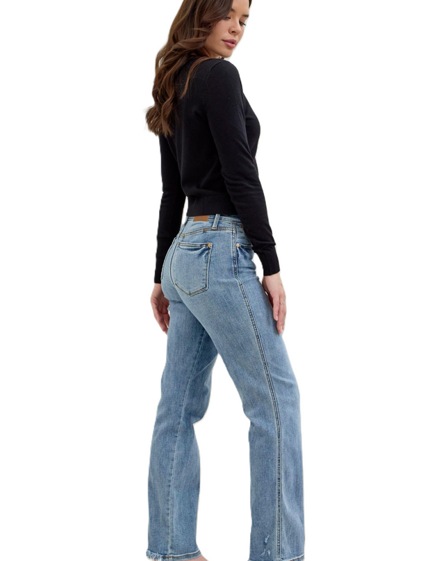 Judy Blue Frayed Hem Cell Phone Pocket Straight Leg Dad Jeans 82540