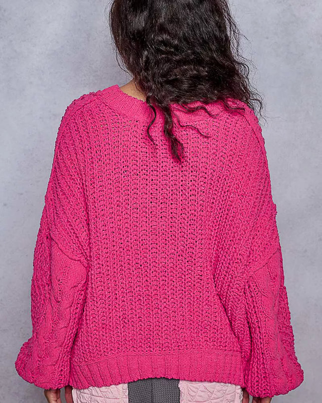 POL Cable-Knit Solid V-Neck Cropped Sweater - Sleekdenim.com