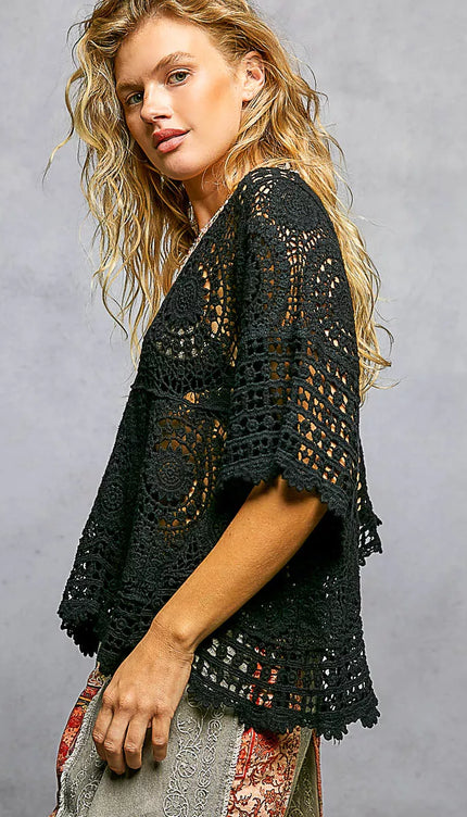 POL V-Neck Crochet Top with Scalloped Hem - Sleekdenim.com