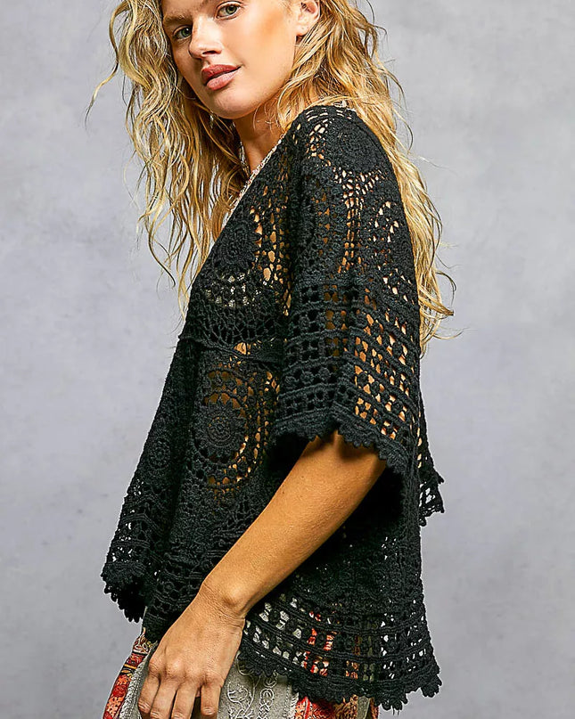 POL V-Neck Crochet Top with Scalloped Hem - Sleekdenim.com