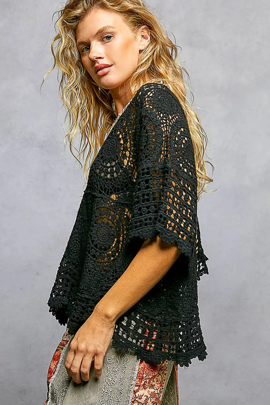 POL V-Neck Crochet Top with Scalloped Hem - Sleekdenim.com