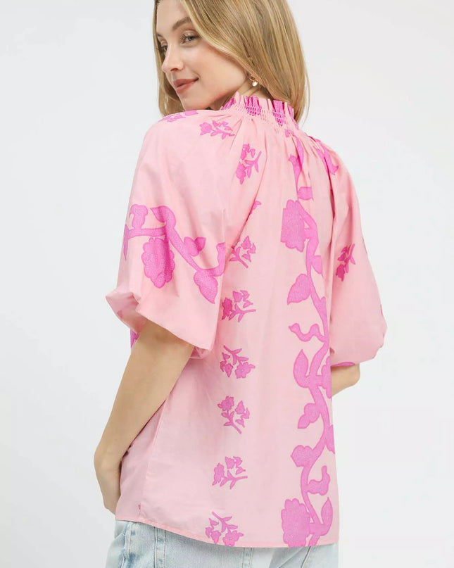 Umgee Floral Smocked Notched Puff Sleeve Blouse - Sleekdenim.com