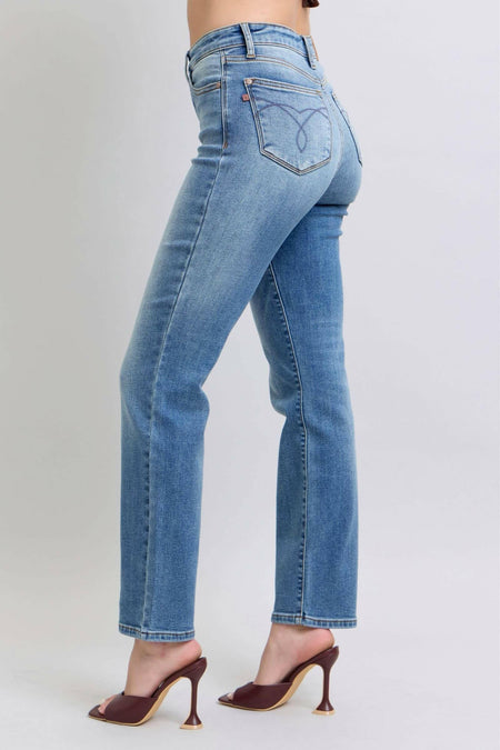 Judy Blue The Aspen High Rise Medium Wash Shearling Cuff Straight Leg Jeans | Sleek Denim Boutique | Sleekdenim.com