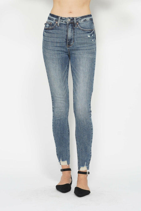 Judy Blue Full Size Tummy Control Vintage Wash Hem Destroy Skinny Jeans | Sleekdenim.com