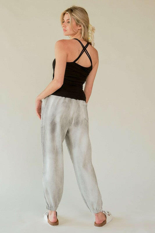 Davi & Dani Rhinestone Elastic Waist Joggers Light Gray