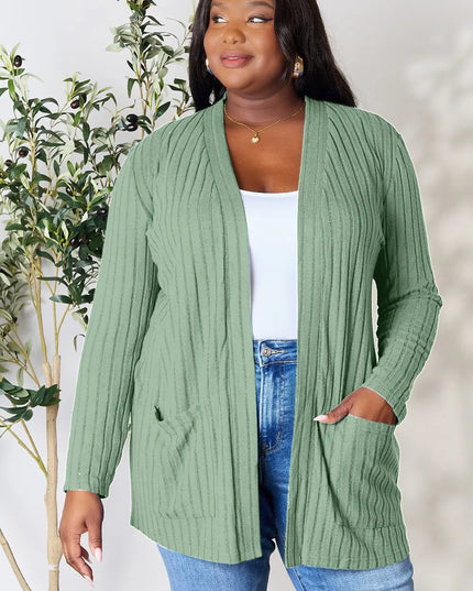 Basic Bae Full Size Ribbed Open Front Cardigan with Pockets - Sleekdenim.com
