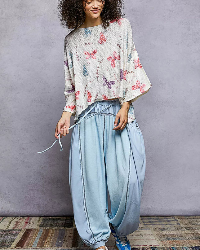 POL Butterflies Pattern Round Neck knit Top with Outseam Rolling Edge - Sleekdenim.com