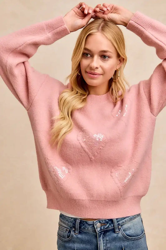 Bibi Pink "Adorable" Sequined Heart Sweater - Sleekdenim.com
