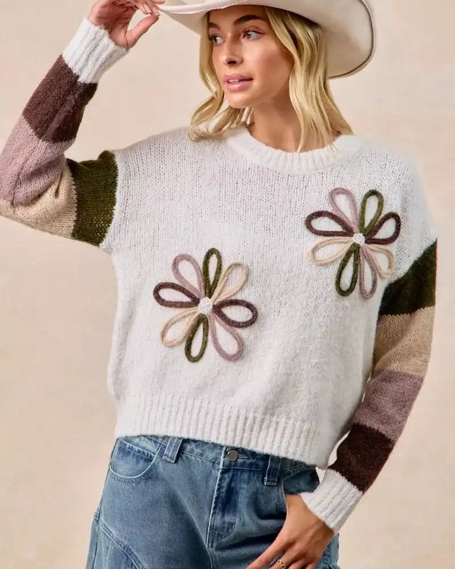BiBi Flower Color Block Sweater - Sleekdenim.com