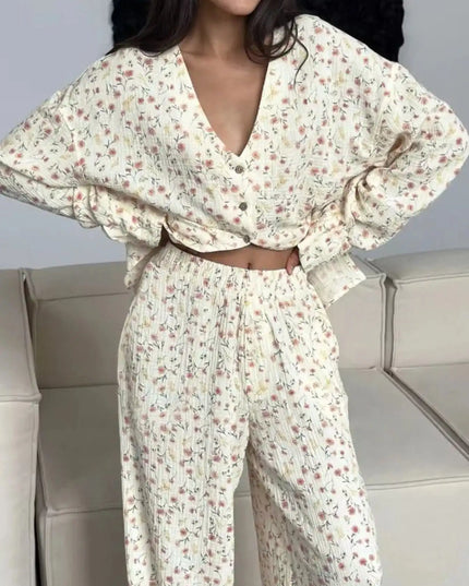 Floral Print Button-Down Top and Pants Lounge Set - Sleekdenim.com