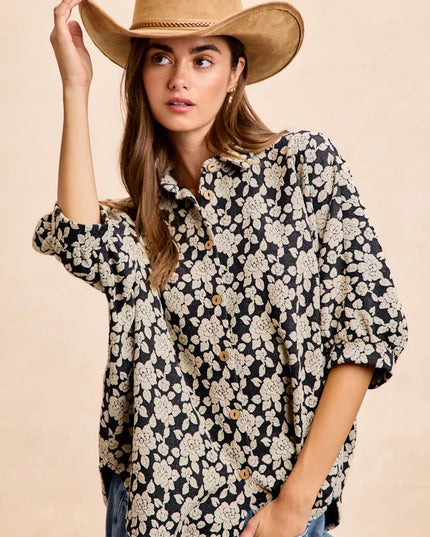 BiBi Floral Jacquard Short Dolman Sleeves Shirt - Sleekdenim.com