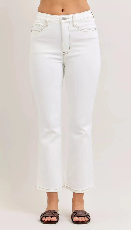 Judy Blue Contrast Stitching Cropped Flare Perfect White Jeans 881080 - Sleekdenim.com