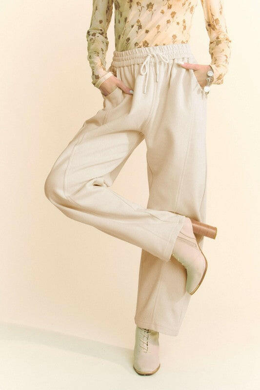 Davi & Dani Drawstring Wide Leg Sweatpants Cream