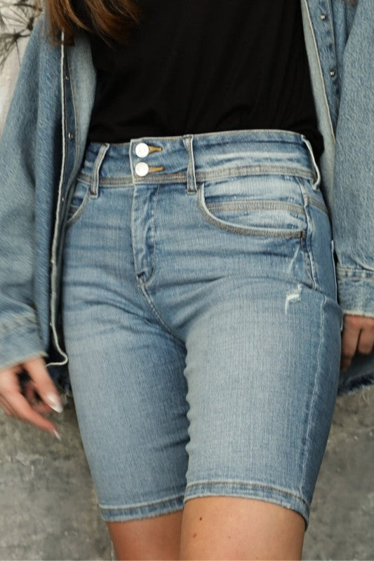 Artemis Vintage High Rise Double Button Waistband Bermuda Jeans Shorts - Sleekdenim.com