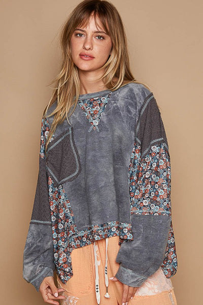 POL Floral Patchwork Round Neck Knit Top - Sleekdenim.com