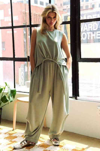 Davi & Dani Drawstring Hem Round Neck Tank and Pants Set | Sleekdenim.com