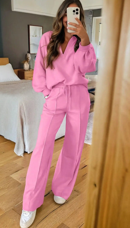 Polo Collar V Neck Pullover and Drawstring Sweatpants Set - Sleekdenim.com