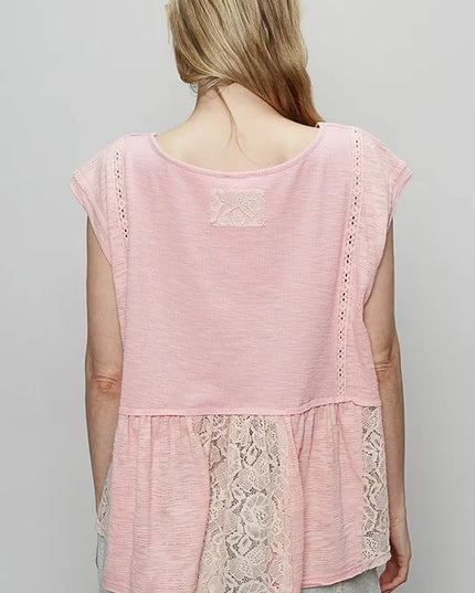 POL Embroidered Detail Boat Neck Cap Sleeve Lace Blouse - Sleekdenim.com