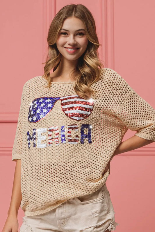 BiBi Sequin American Flag Sunglasses Knit Cover Up