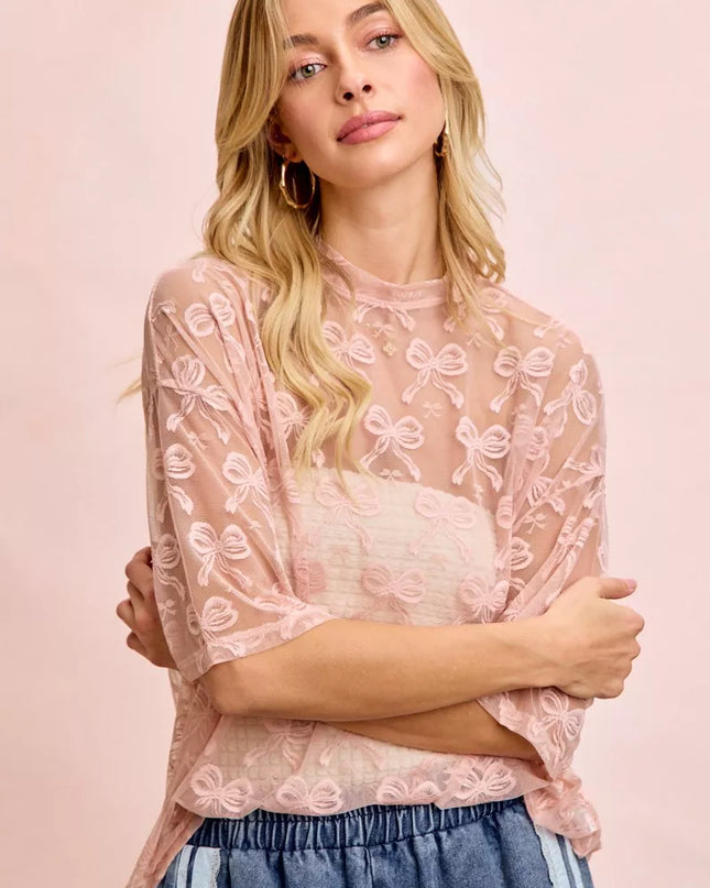 BiBi Bow Pattern Short Sleeves Boxy Mesh Top - Sleekdenim.com