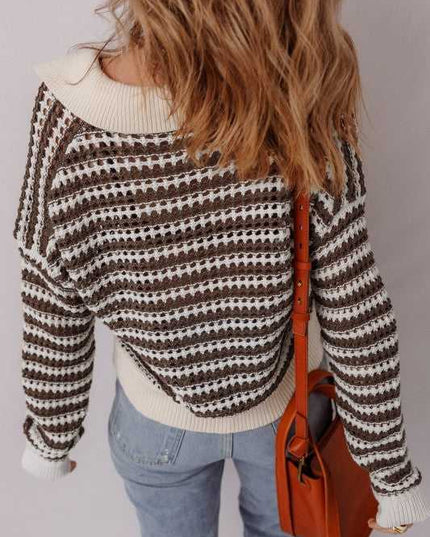 Stripe Eyelet Contrast Collared V-Neck Sweater - Sleekdenim.com