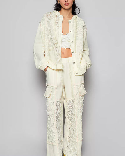 POL Exposed Seam Button Down Hooded Jacket with Lace Detail - Sleekdenim.com