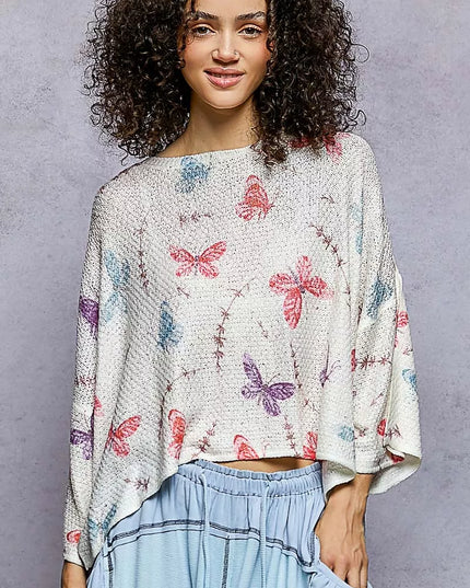 POL Butterflies Pattern Round Neck knit Top with Outseam Rolling Edge - Sleekdenim.com