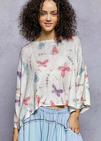 POL Butterflies Pattern Round Neck knit Top with Outseam Rolling Edge - Sleekdenim.com