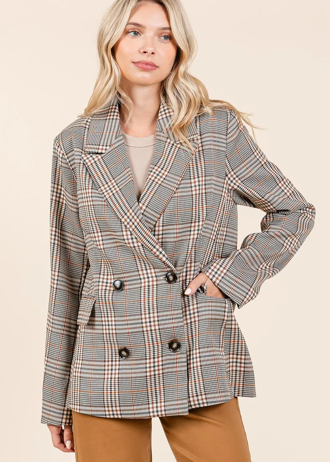 Mittoshop Plaid Double Breasted Relaxed Fit Blazer - Sleekdenim.com