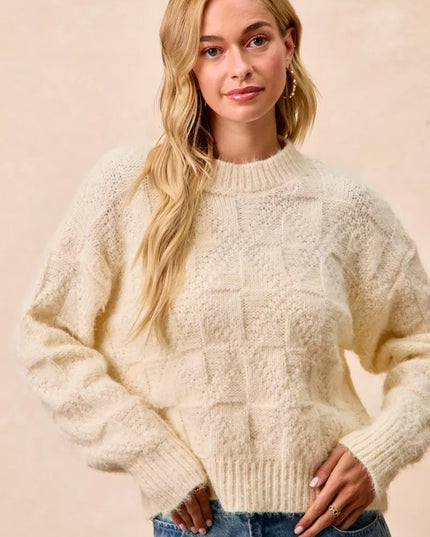 BiBi Checker Board Drop Shoulder Sweater - Sleekdenim.com