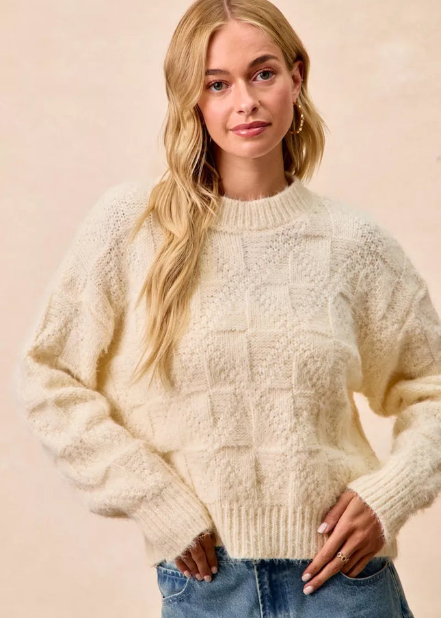 BiBi Checker Board Drop Shoulder Sweater - Sleekdenim.com