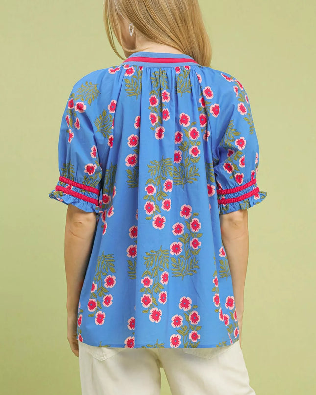 Umgee Floral V-Neck Puff Sleeve Top - Sleekdenim.com