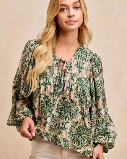 BiBi Printed Woven Front Tied Blouse with Baloon Sleeve - Sleekdenim.com