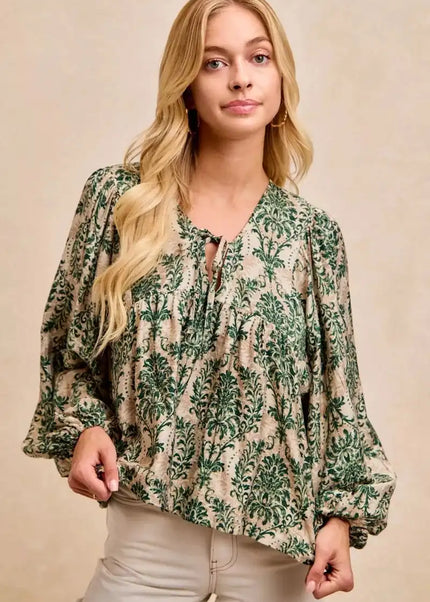 BiBi Printed Woven Front Tied Blouse with Baloon Sleeve - Sleekdenim.com
