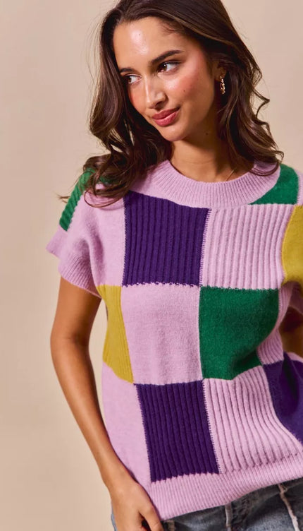 SO ME Mardi Gras Check Plaid Casual Sweater Top - 3