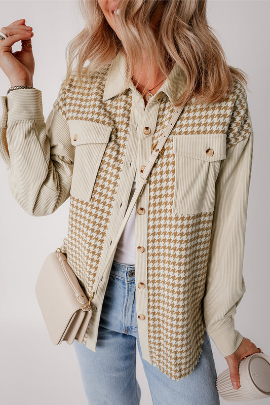 Parchment Houndstooth Corduroy Patchwork Flap Pocket Shacket - Sleekdenim.com