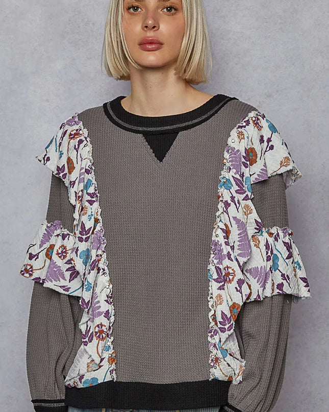 POL Round Neck Sweater with Floral Ruffle Detail - Sleekdenim.com
