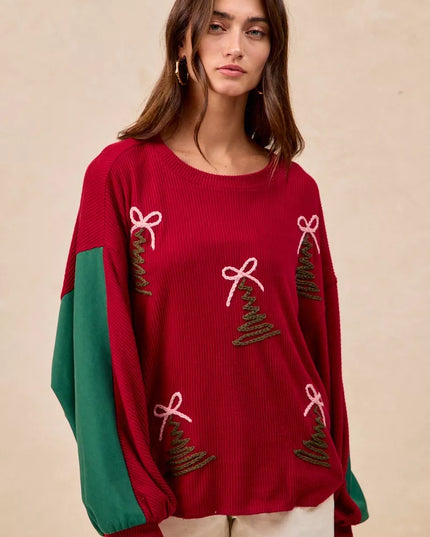 BiBi Christmas Theme Tree Embroidered Sweater - Sleekdenim.com