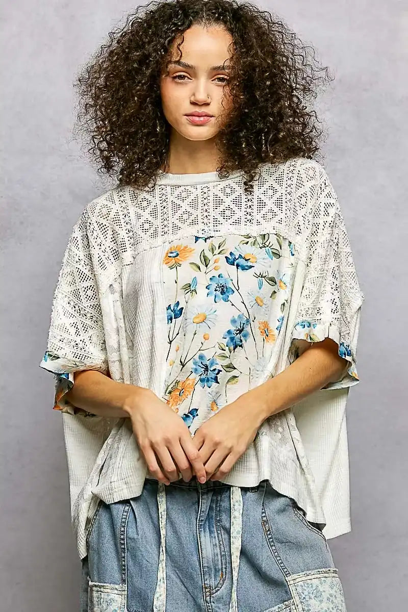 POL Floral Patchwork Lace Accent Blouse - Sleekdenim.com