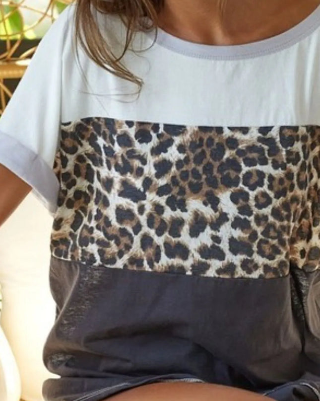 BiBi Leopard Printed Jersey Color Block Roll Up Top - Sleekdenim.com