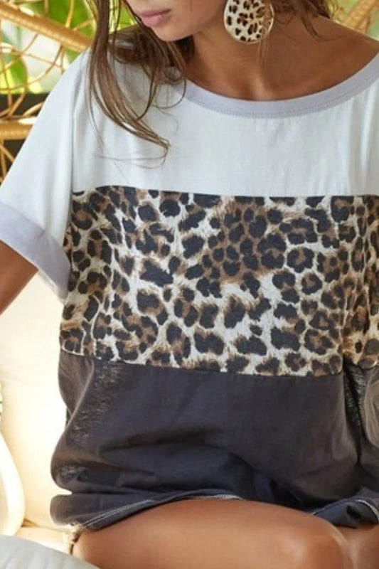 BiBi Leopard Printed Jersey Color Block Roll Up Top - Sleekdenim.com