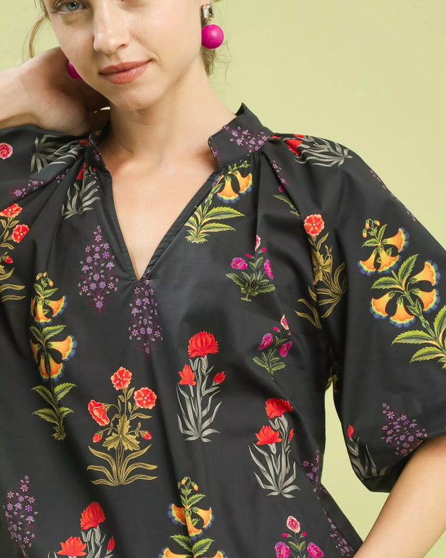 Umgee Floral Print Puff Sleeve Scallop Hem Blouse - Sleekdenim.com