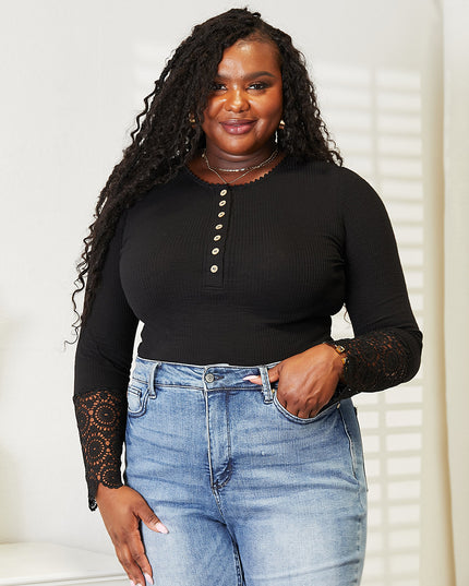 Double Take Crochet Lace Hem Sleeve Button Top - Sleekdenim.com