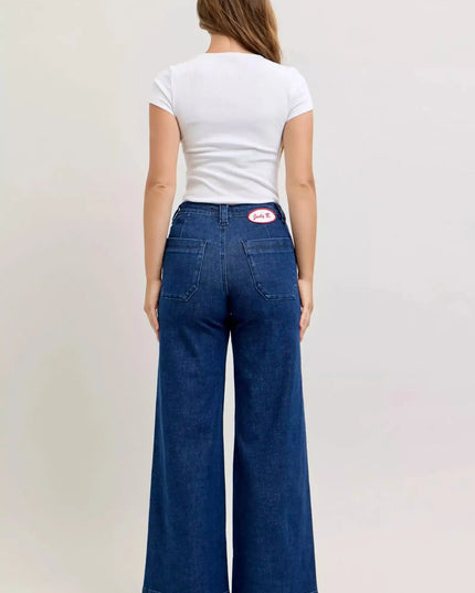 Judy Blue High-Waisted Retro Wide Jeans with Patch Pkts & Twisted Seams - Sleekdenim.com