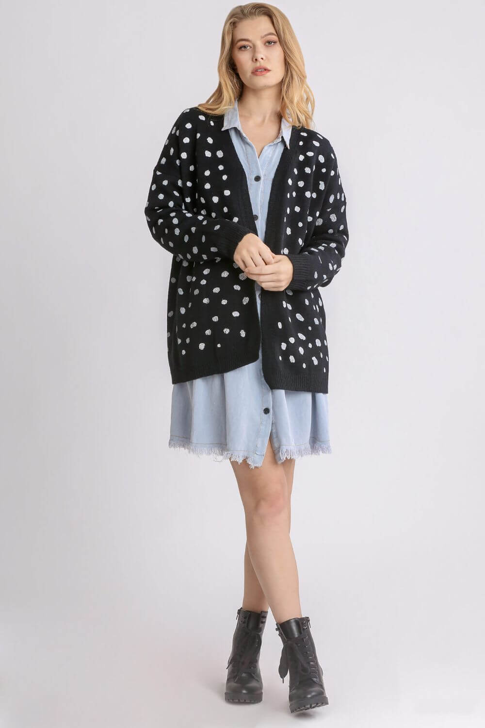 Umgee Polka Dot Open Front Drop Shoulder Cardigan