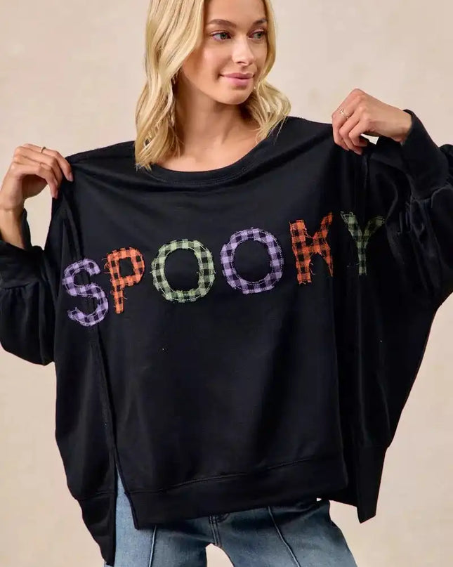 BiBi Spook Plaid Letter Print Oversized Sweatshirt - Sleekdenim.com