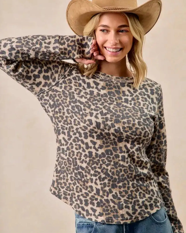 BiBi Leopard Print Washed Waffle Thermal Top with Thumb - Sleekdenim.com