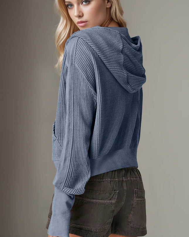 Double Take Waffle-Knit Zip Up Long Sleeve Hooded Jacket - Sleekdenim.com