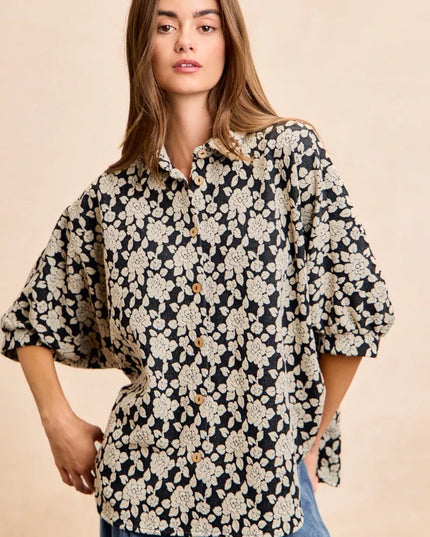BiBi Floral Jacquard Short Dolman Sleeves Shirt - Sleekdenim.com